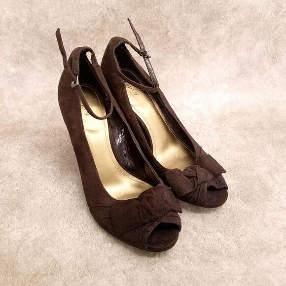 Apt. 9 Womens Lively Size 8 Brown Slip On Peep Toe Ankle Strap Heels Pumps - Picture 1 of 10